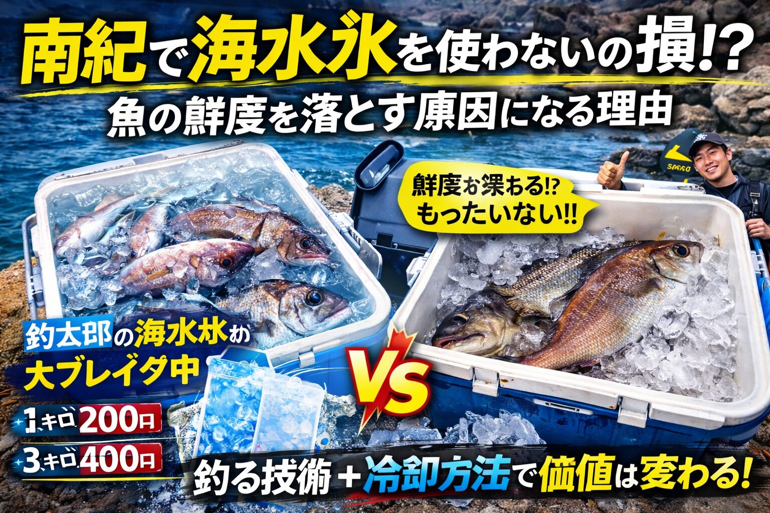 南紀で釣りをするなら海水氷は贅沢品ではなく必須装備。使わないのは釣った魚の鮮度を自ら落としているのと同じ。釣太郎
