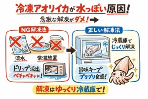 アオリイカ解凍したら、水っぽさ＝ドリップ流出 ・原因＝急激解凍・正解＝冷蔵庫低温解凍・半解凍が最強・冷凍前処理も重要。釣太郎
