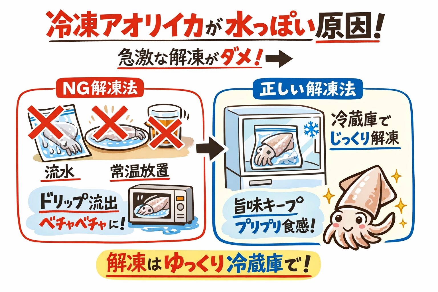 アオリイカ解凍したら、水っぽさ＝ドリップ流出 ・原因＝急激解凍・正解＝冷蔵庫低温解凍・半解凍が最強・冷凍前処理も重要。釣太郎