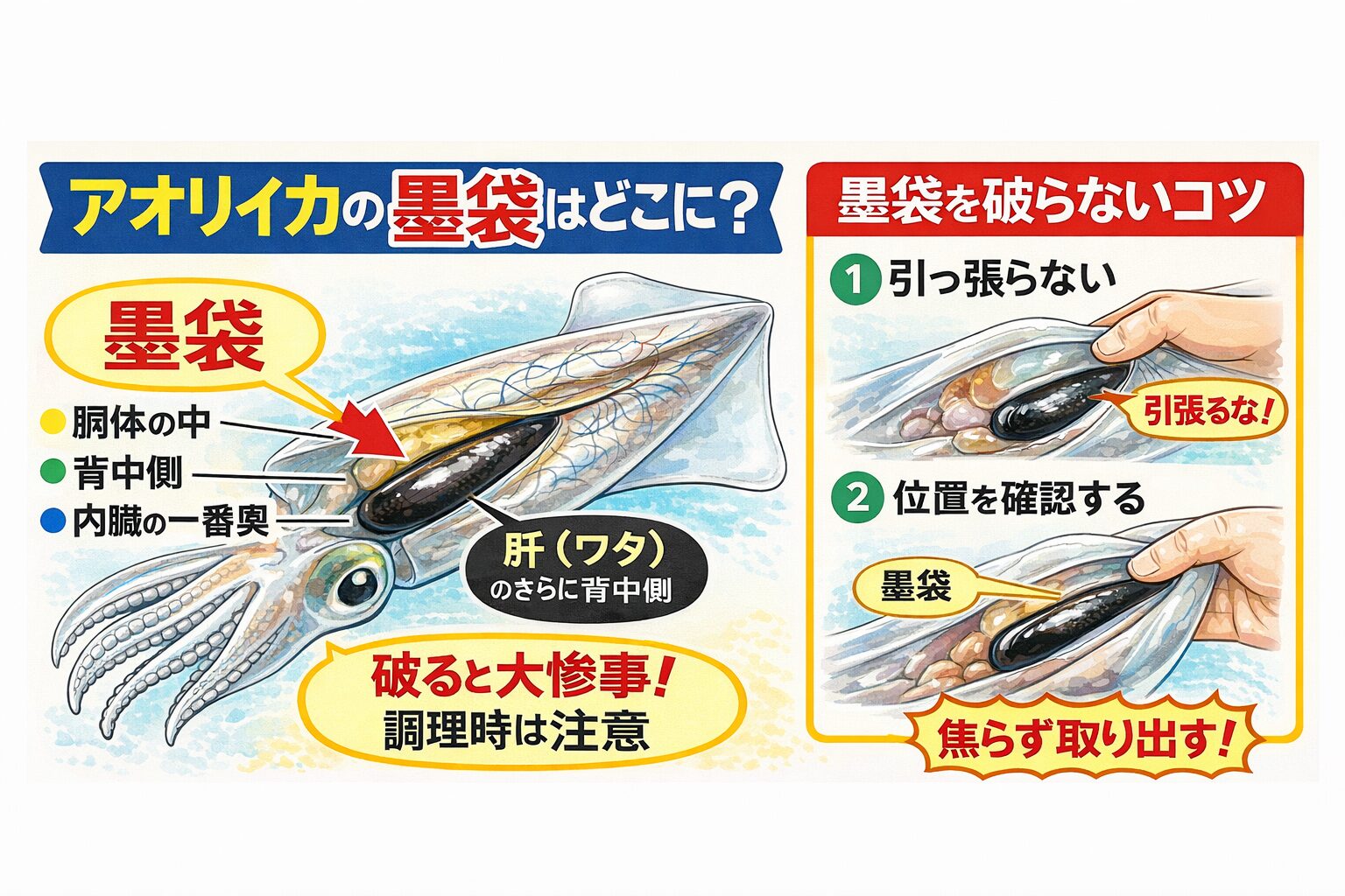 アオリイカの墨袋は・胴体内部・背中側・内臓の一番奥・肝のさらに背中側にあります。釣太郎