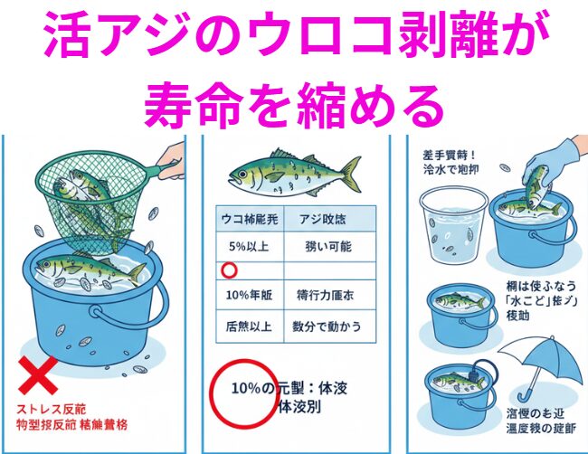 アオリイカ釣り用の活アジ。ウロコ落ち10%未満：ほとんど影響なし。元気に泳ぎ続ける ウロコ落ち10〜20%：軽度ストレス。泳ぎは少し鈍くなるが、まだヤエン・ウキで十分使える。ウロコ落ち20〜30%：中度ダメージ。釣太郎