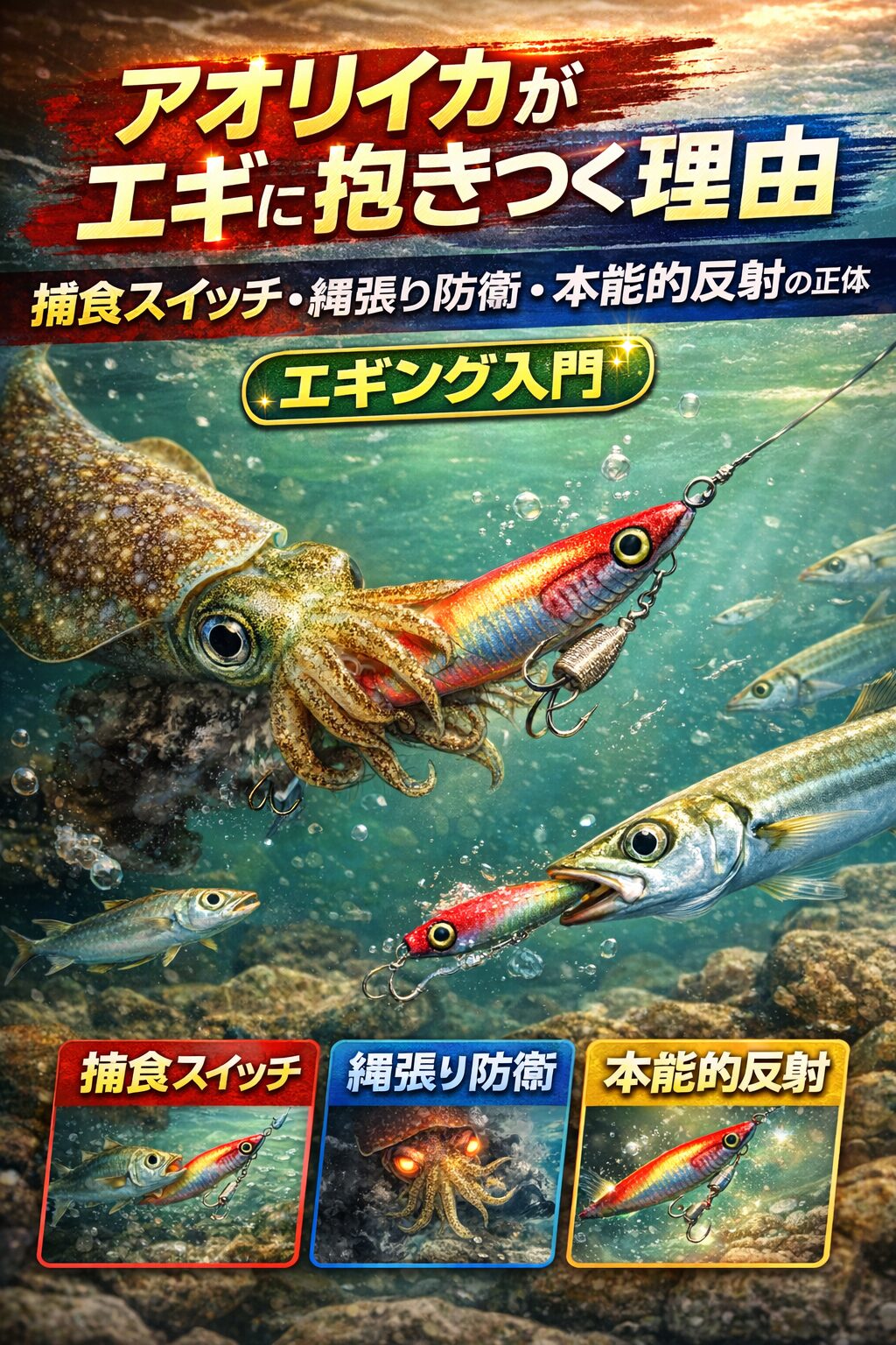 アオリイカがエギに抱く理由は3つ。捕食スイッチ、縄張り防衛、本能的反射。釣太郎