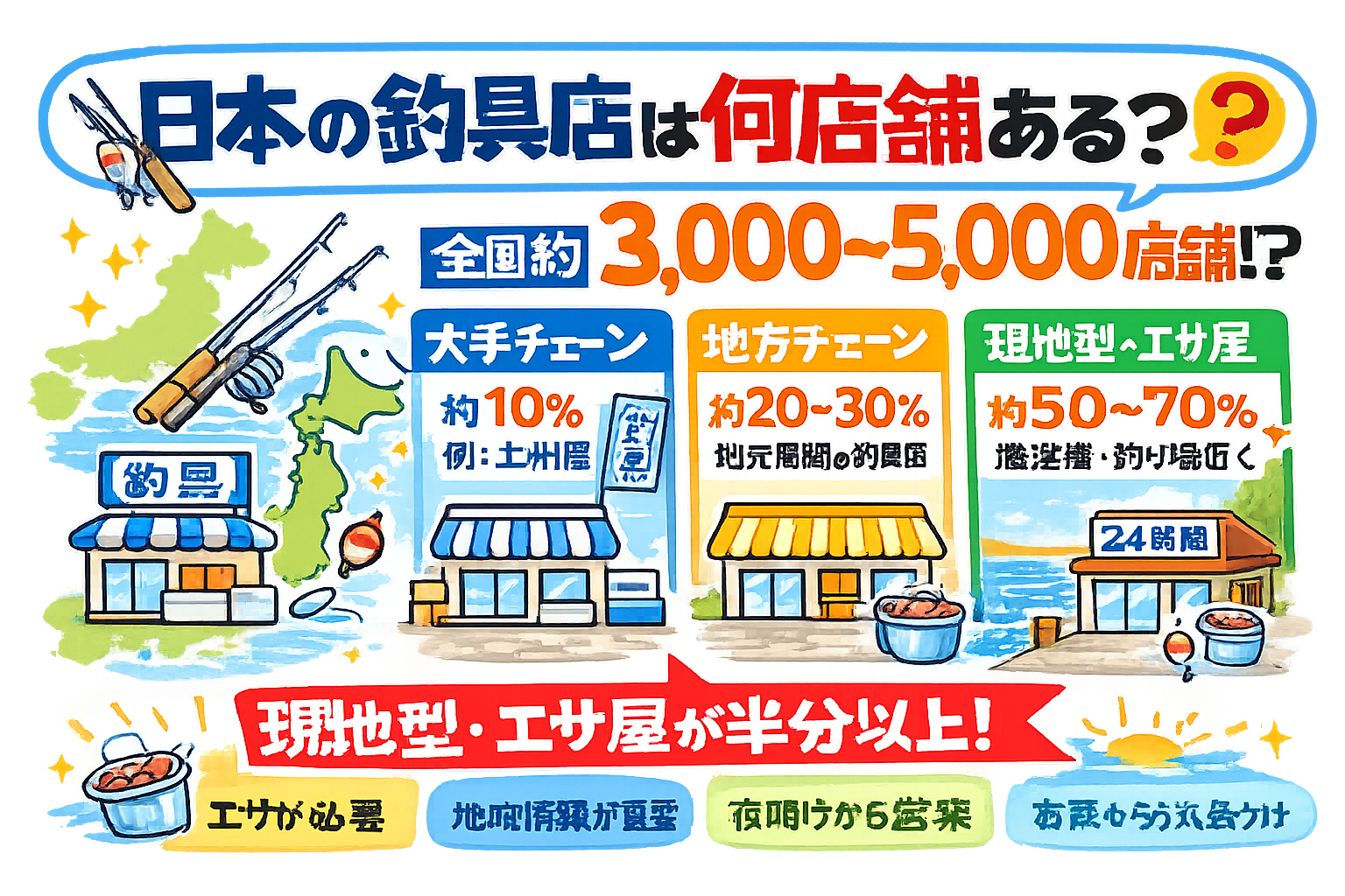 日本の釣具店 約3,000〜5,000店舗（推定）そのうち現地型・エサ屋 約1,500〜3,000店舗👉 全体の50〜70％。釣具業界は「現地密着型が中心の特殊市場」と言えます。釣太郎