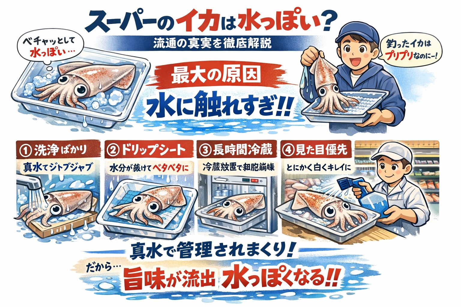 スーパーのイカが水っぽい本当の理由。最後にまとめます。✔ 真水洗浄が多すぎる✔ 流通回数が多い✔ 冷蔵期間が長い✔ 見た目優先✔ 海水管理されていない。釣太郎