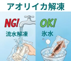 冷蔵庫解凍でアオリイカの真価を発揮「冷凍アオリイカを流水で解凍する」釣り人は非常に多いですが、これが甘みと食感を台無しにする最大の失敗です。釣太郎