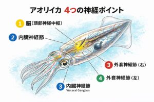 アオリイカの神経は① 脳（頭部神経中枢）② 内臓神経節③ 外套神経節（右）④ 外套神経節（左）。釣太郎