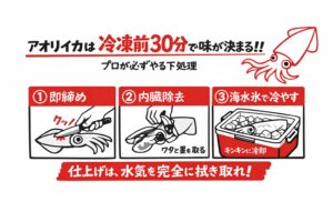 アオリイカ冷凍で一番大事なのは・即締め・内臓除去・海水氷・水分ゼロ。この4つ。冷凍前30分で、半年後の味が決まります。釣太郎
