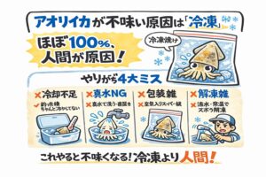 冷凍アオリイカがまずいのは、冷凍が悪いわけではない・処理と解凍が9割・真水と空気は天敵・冷蔵庫解凍が正解。釣太郎