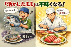 活かしたまま魚持ち帰りが逆効果の理由は、 魚はストレスを感じると乳酸が溜まり、身が焼ける（白濁）。活かしたまま持ち帰ると、死後硬直が進み、血抜きが困難に。釣太郎