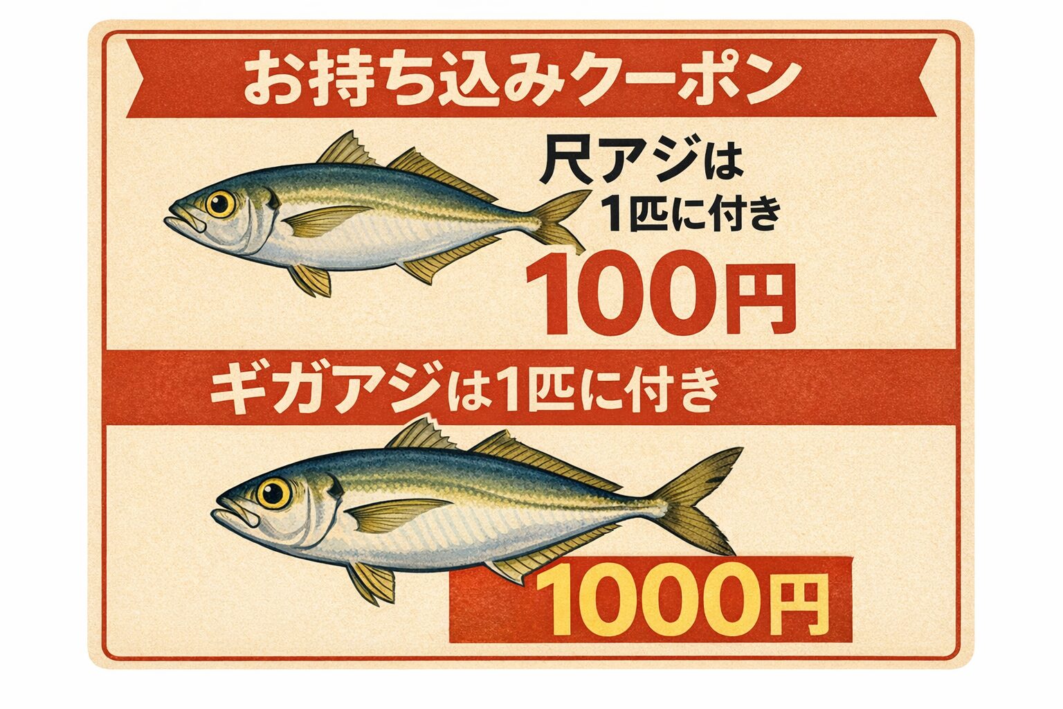 南紀でアジを釣ったら、ぜひ釣太郎へお持ち込みください。尺アジは100円クーポン。ギガアジは1000円クーポン。釣太郎