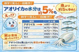アオリイカは魚より水分が多い・約5％前後の差がある・構造の違いで誤解される・旨味が強いほど水を感じない。釣太郎