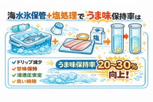 魚は海水氷保管＋塩処理で、うま味保持率は約20〜30％向上・ドリップ減少・浸透圧安定・臭い成分排除・甘味保持。釣太郎