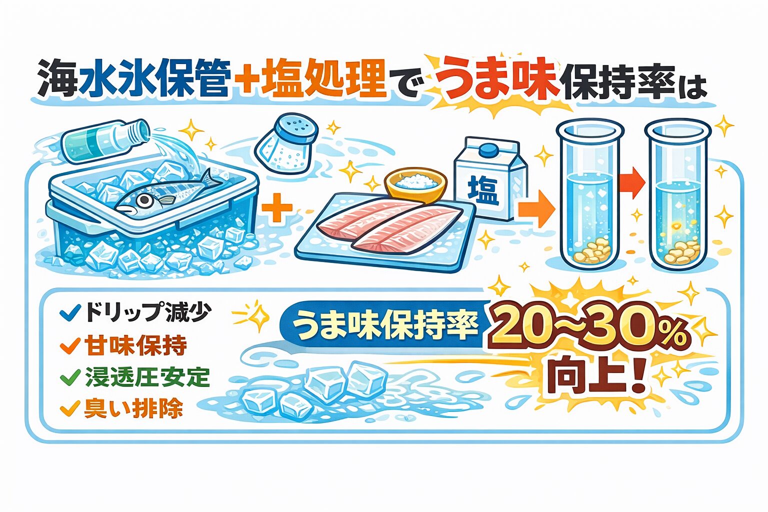 魚は海水氷保管＋塩処理で、うま味保持率は約20〜30％向上・ドリップ減少・浸透圧安定・臭い成分排除・甘味保持。釣太郎