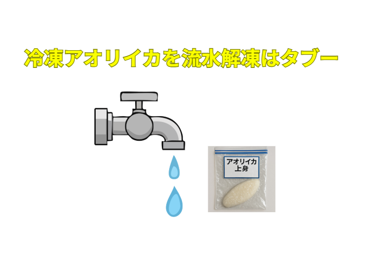 多くの釣り人が無意識にやってしまう 「流水解凍」。しかしアオリイカにとっては、旨味が逃げる。水っぽくなる。食感が悪くなる。という三重苦。釣太郎