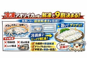 冷凍アオリイカ、味は解凍で9割決まる・ドリップ＝旨味・冷蔵庫ゆっくり解凍が最強・刺身は半解凍が神。釣太郎