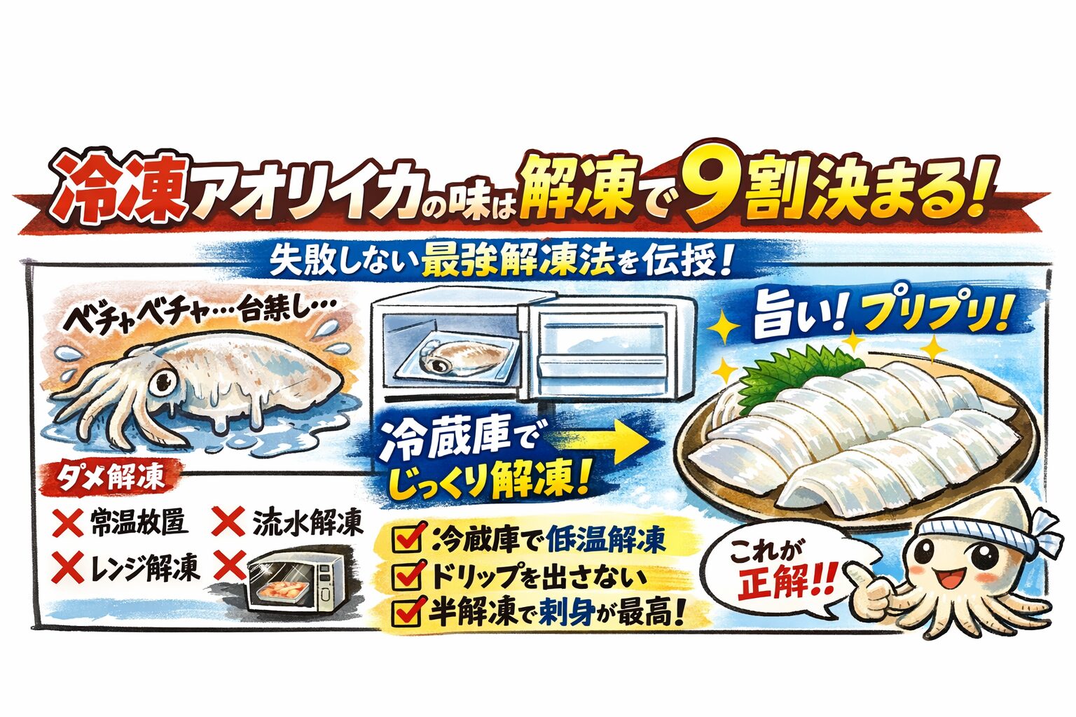 冷凍アオリイカ、味は解凍で9割決まる・ドリップ＝旨味・冷蔵庫ゆっくり解凍が最強・刺身は半解凍が神。釣太郎