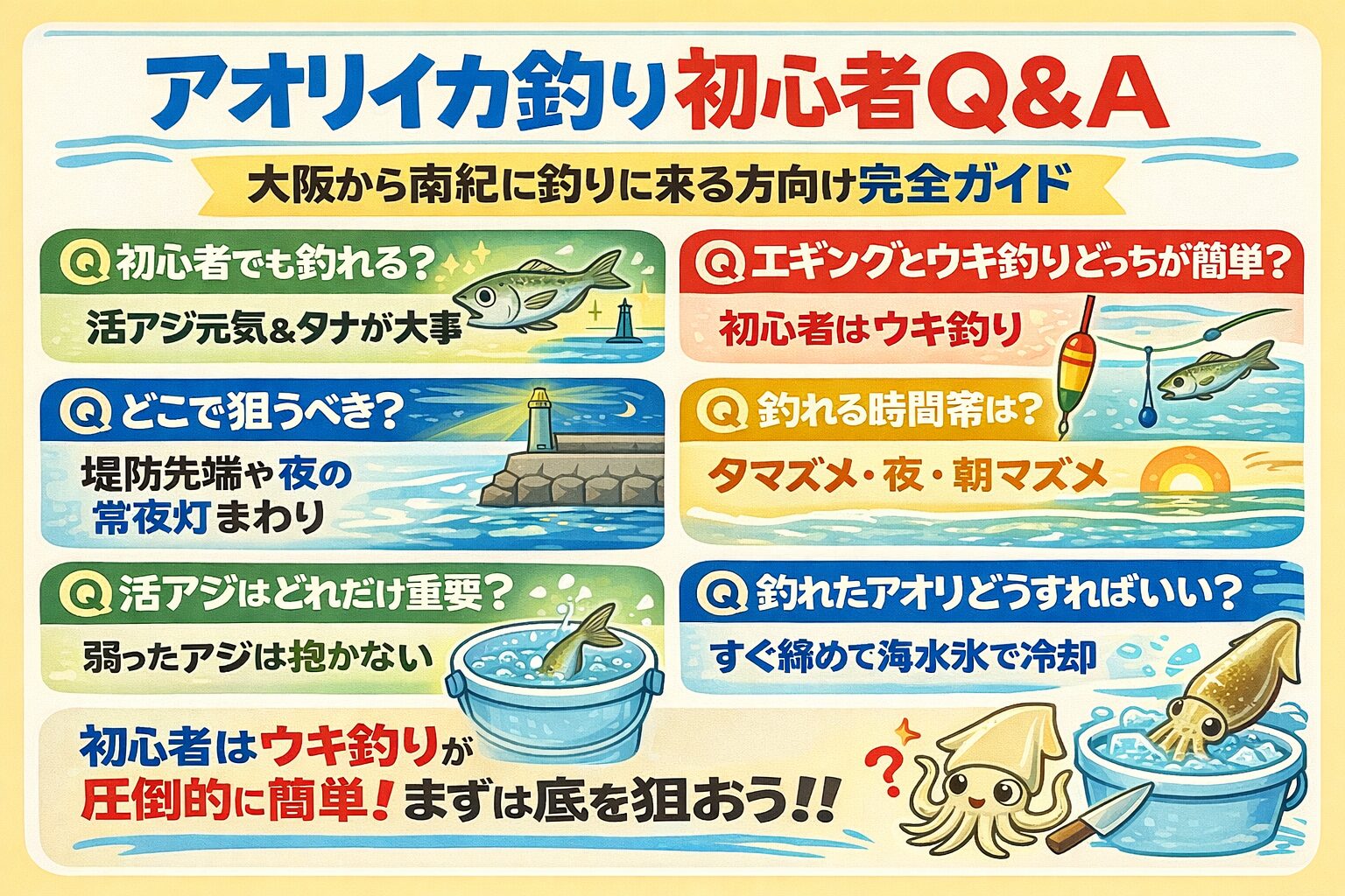 大阪から南紀へアオリイカ釣りに来るなら、ウキ釣りから始める。タナは底付近。活アジ管理が最重要。慌てない。この4つで初心者でも十分釣れます。釣太郎