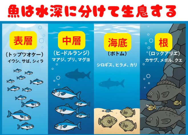 魚にはそれぞれ、得意とする生活圏（レンジ）があり、大きく分けると「表層」「中層」「海底」「根」の4つに分類されます。釣太郎