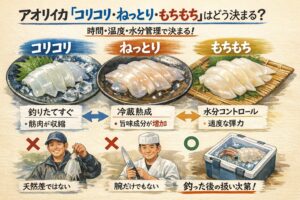 多くのアオリイカ好きは「釣りたてのコリコリも良いけど、やっぱり1日寝かせたねっとりもちもちが最強」と口を揃えます。釣太郎