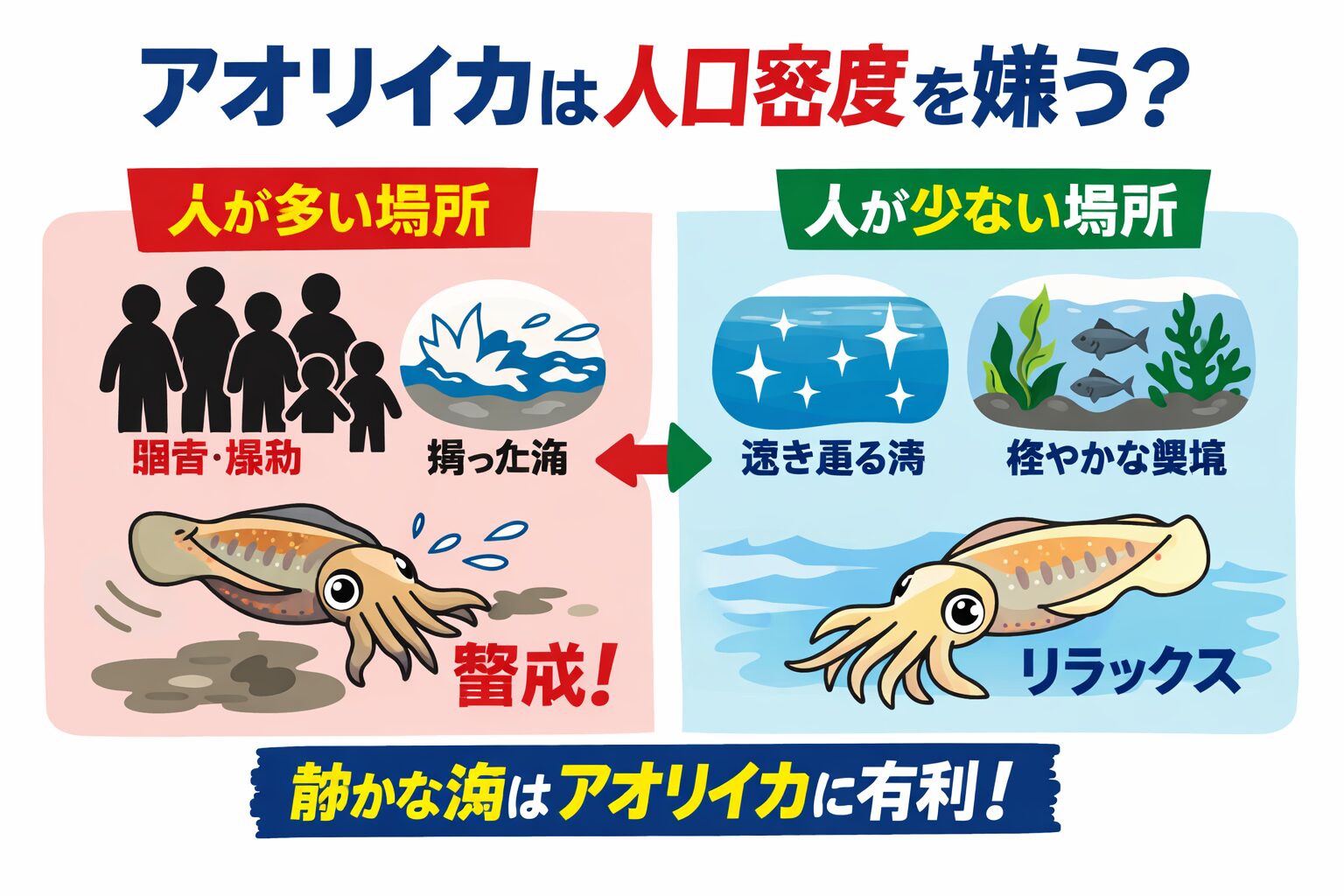 アオリイカは人を直接嫌うわけではない。しかし環境変化には敏感。人口密度が高い場所はプレッシャーが高くなる。静かな海ほど自然に近い行動を見せる。釣太郎
