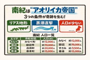 南紀がアオリイカ帝国である理由は・入り組んだ地形・黒潮という暖流 ・人口の少なさ。この３つの掛け算。釣太郎