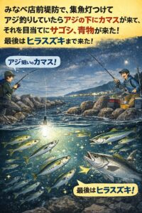 釣太郎みなべ店前の堤防で、集魚灯を点けてアジ釣りをしていたら、集まったアジの下にカマスが寄ってきました。