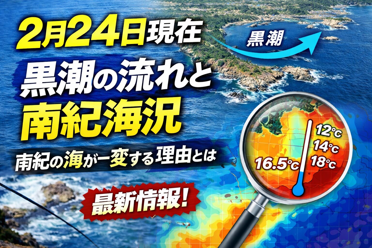 2026年2月24日現在の黒潮状況は、・紀伊半島沿岸まで暖水が届きやすい流路・水温が平年並〜やや高めの傾向・魚の活性が上がる可能性がある。釣太郎