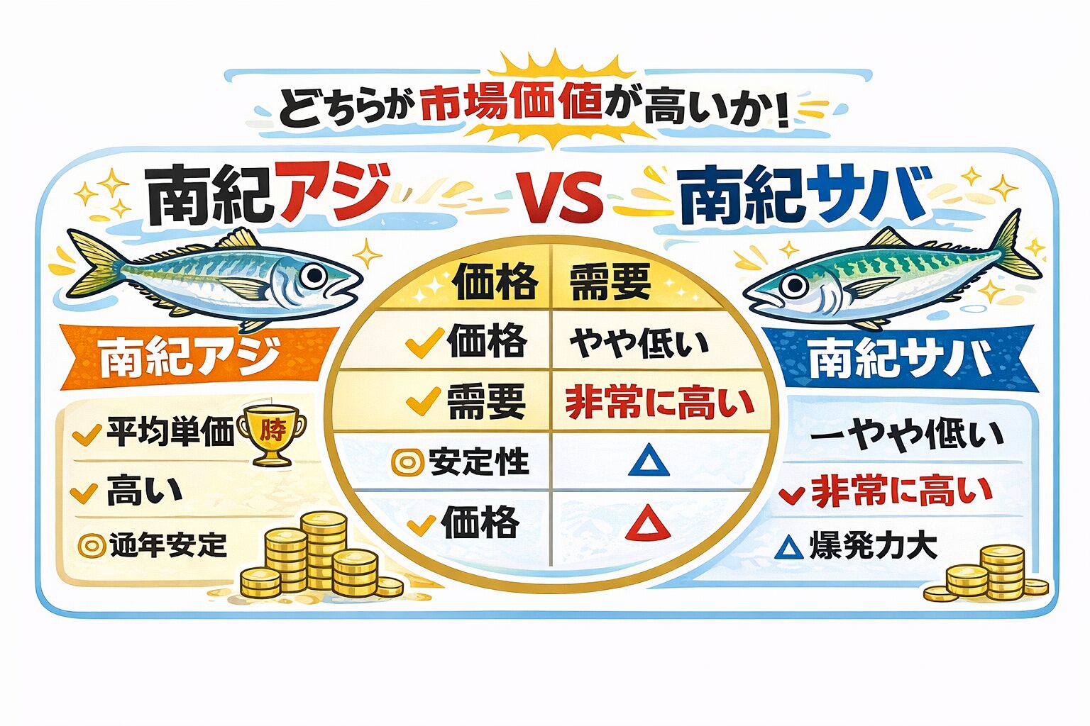 南紀アジ vs 南紀サバ。どちらが市場価値が高いのか？価格・需要・安定性で徹底比較.釣太郎