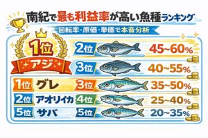 総合利益率1位はアジ ・単発最大はアオリイカ・爆発力はサバ・安定性はアジ。南紀の海はポテンシャルが高い。釣太郎
