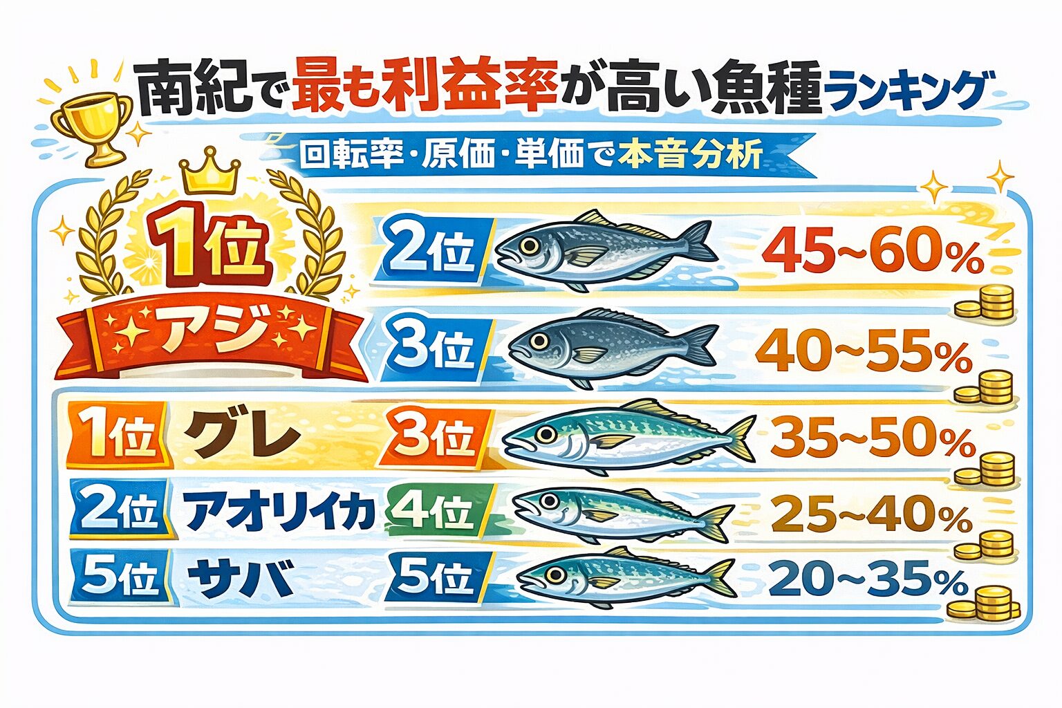 総合利益率1位はアジ ・単発最大はアオリイカ・爆発力はサバ・安定性はアジ。南紀の海はポテンシャルが高い。釣太郎
