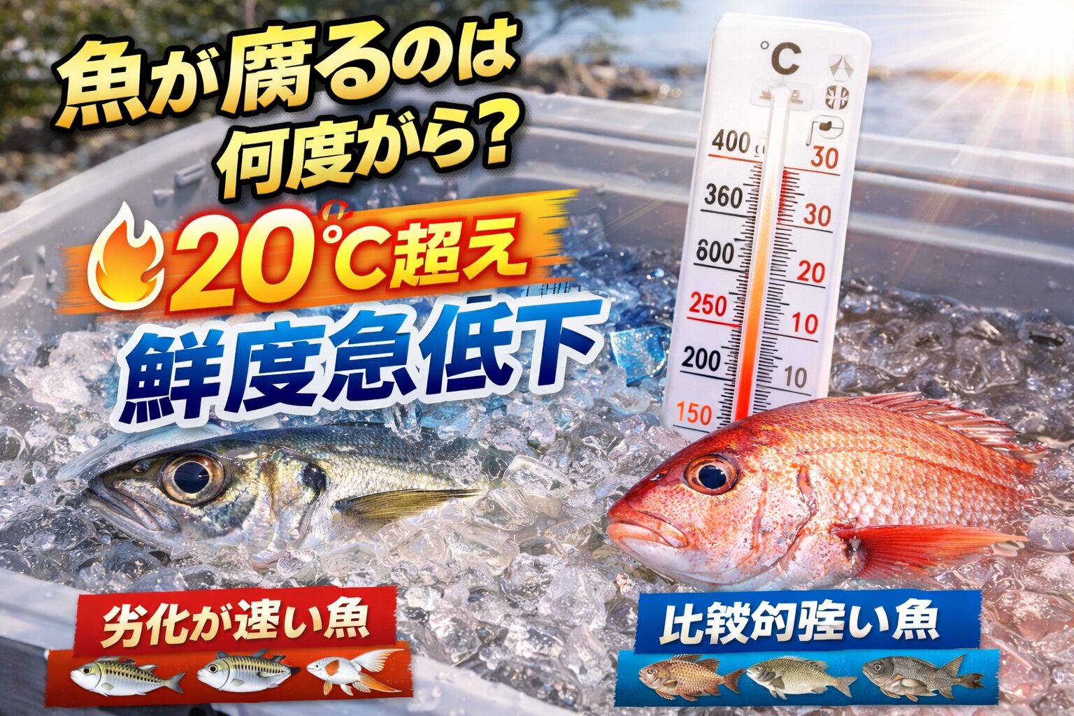 魚の鮮度は外気温に大きく左右されます。特に重要なラインは20℃以上 → 急速劣化開始・25℃以上 → 非常に危険。さらに魚種によって耐性は大きく違います。釣太郎