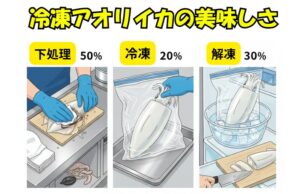 「たかが冷凍、されど冷凍」です。 特に「下処理（水気取り）」に手を抜くと、どんなアオリイカも台無しになります。釣太郎