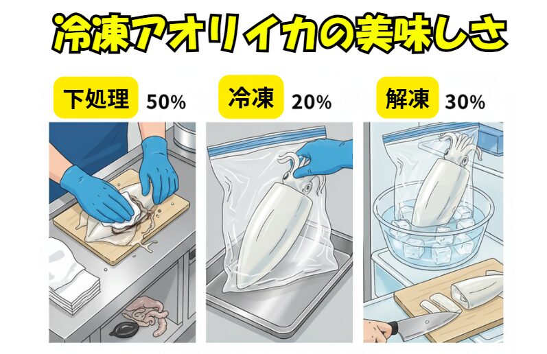 「たかが冷凍、されど冷凍」です。 特に「下処理（水気取り）」に手を抜くと、どんなアオリイカも台無しになります。釣太郎