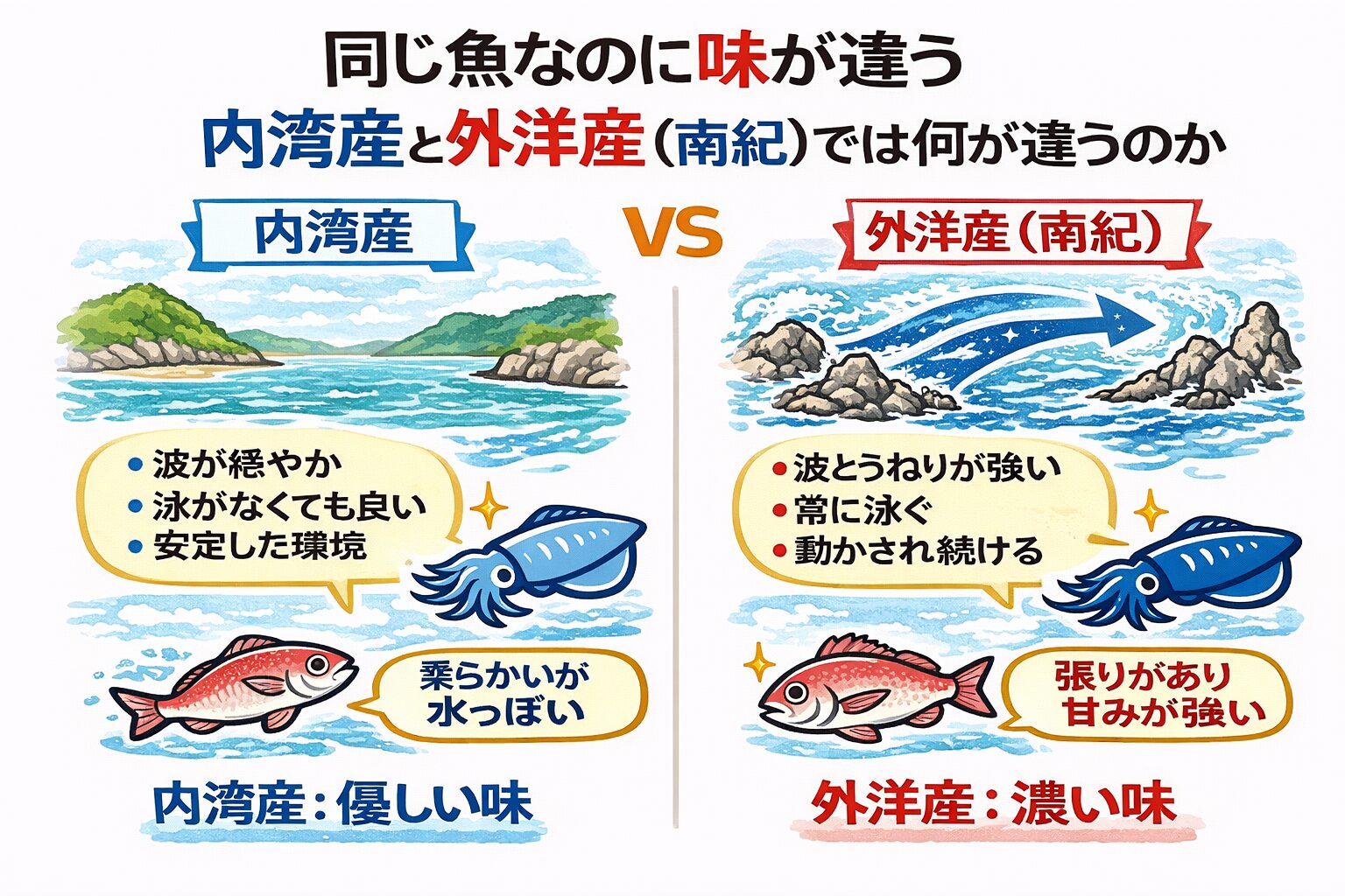 同じ魚種でも・穏やかな内湾で育つか・荒れる外洋で育つか。この違いが ・身質・水分量・脂の質 ・後味。すべてを変えます。釣太郎