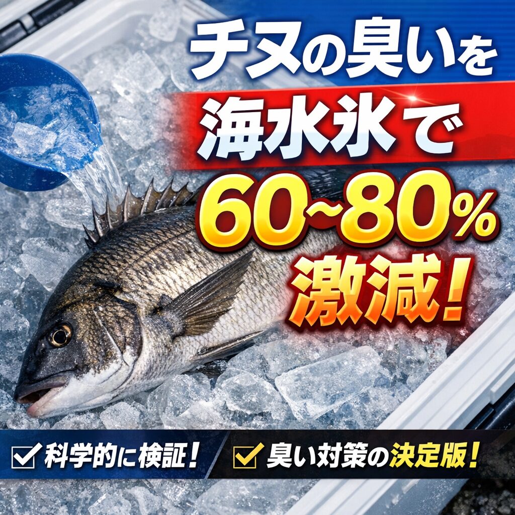 チヌの臭い抑制効果まとめ。海水氷で臭い60〜80％抑制・浸透圧で臭い成分排出・急速冷却で腐敗停止・血抜き併用で最強。釣太郎