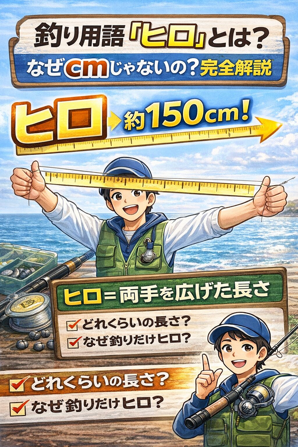 釣りのヒロはこう覚えればOK。・ヒロ＝両手を広げた長さ・1ヒロ＝約150cm・海ではcmより実用的・漁師文化の名残.釣太郎
