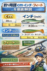 釣りの長さ単位。・cm → 日本の基本単位・1インチ＝2.54cm・1フィート＝30.48cm・1フィート＝12インチ。釣太郎