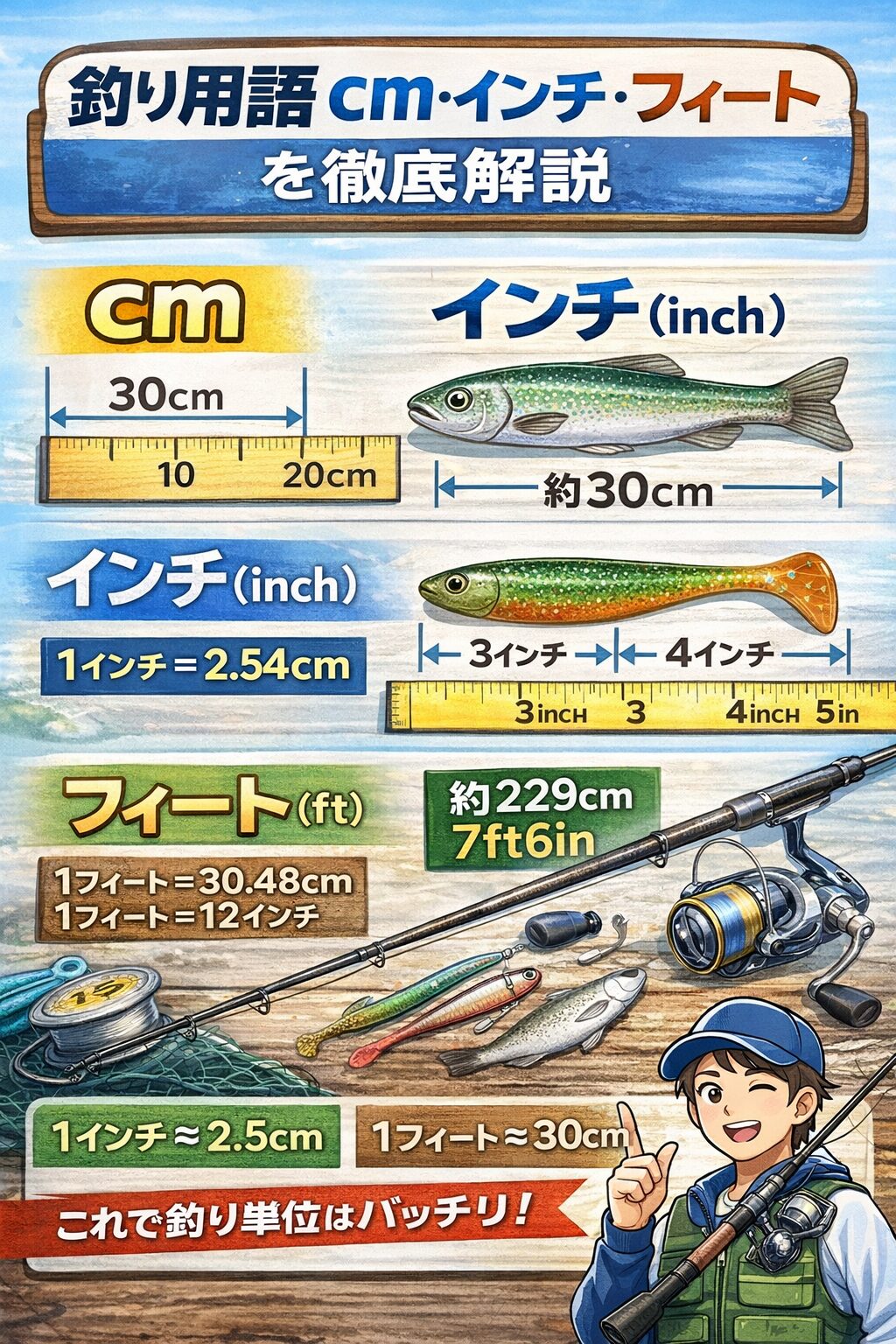 釣りの長さ単位。・cm → 日本の基本単位・1インチ＝2.54cm・1フィート＝30.48cm・1フィート＝12インチ。釣太郎