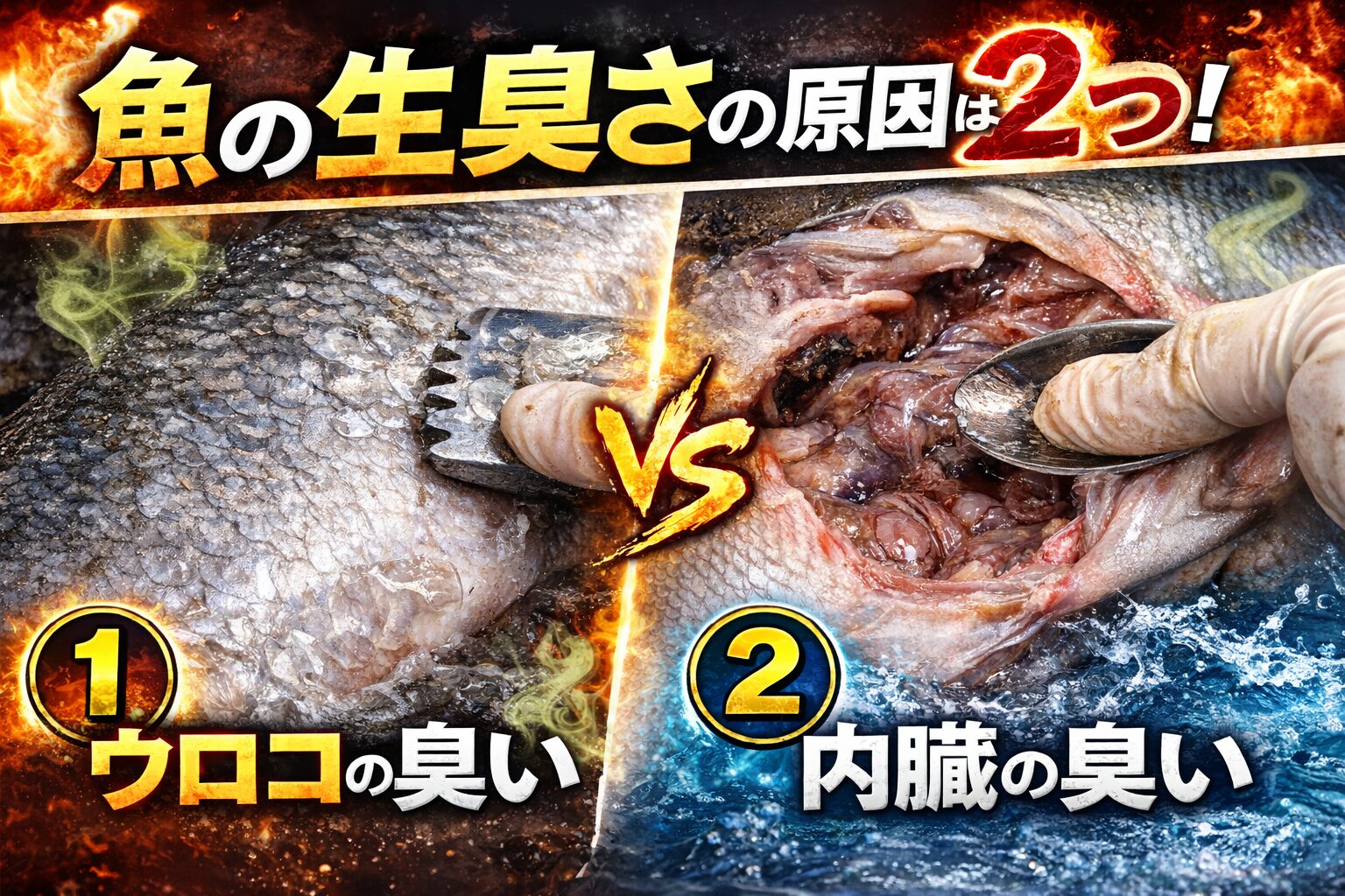 魚の臭いには表面（うろこ）と内部（内臓）がある。釣太郎