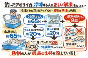 アオリイカ、多くの人は冷凍している・正解解凍は2割だけ・8割は失敗している・原因は知識不足と焦り・冷蔵庫解凍で全て変わる。釣太郎