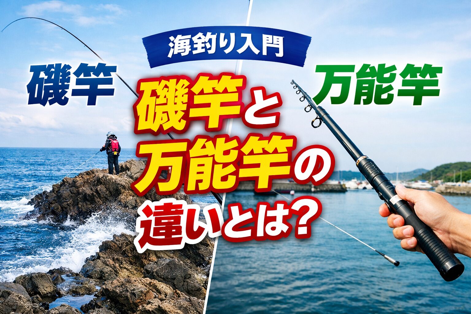 磯竿と万能竿は似ていて別物。・磯竿 → 繊細な専門釣り用・万能竿 → 初心者向け万能タイプ。迷ったらまず万能竿、慣れたら専用竿。釣太郎