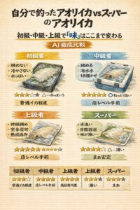 アオリイカの美味しさは✔ 初級管理 → 普通 ✔ 中級管理 → 美味✔ 上級管理 → 最高級 ✔ スーパー → 安定型。釣太郎