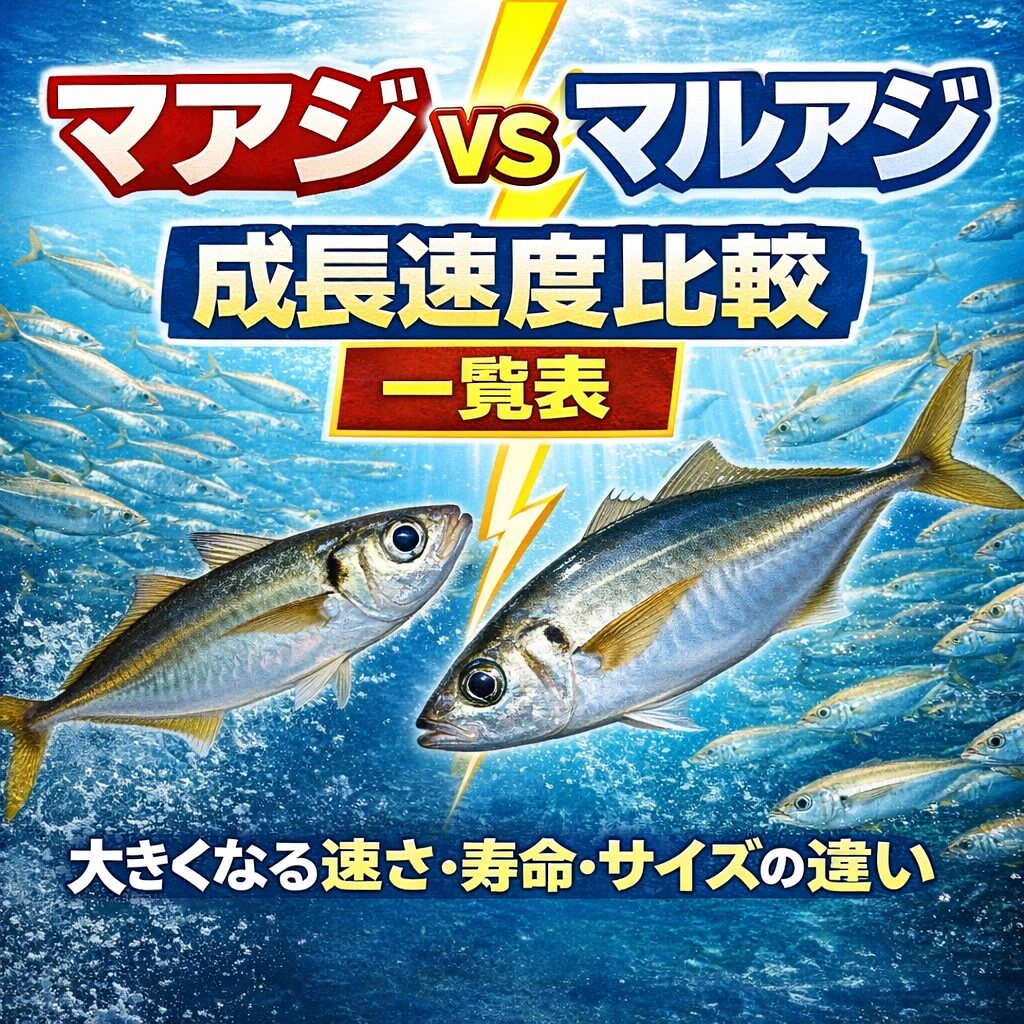 マアジはゆっくり成長して長く生きる大型魚タイプ。マルアジは短期間で大きくなる高速成長タイプ.釣太郎