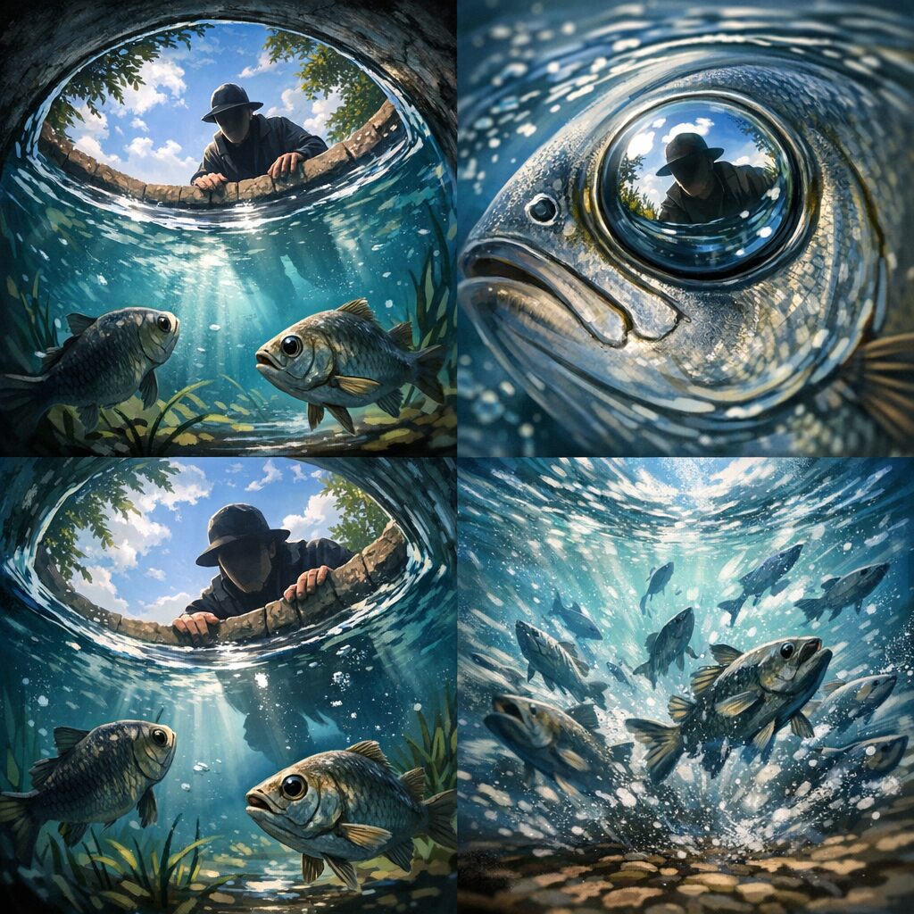 魚は水面上をはっきり見ています。人の姿は完全に認識されています。 さらに振動感知もあるため、警戒心は想像以上です。釣太郎