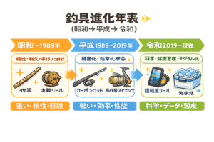 釣具の進化は昭和＝耐える釣り。平成＝効率の釣り。令和＝科学の釣りという流れ。道具の歴史を見ると、釣り人の価値観の変化がよく分かります。釣太郎
