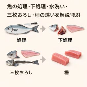 魚の工程は段階的に進みます。処理 → 下処理 → 水洗い → 三枚おろし → 柵。釣太郎