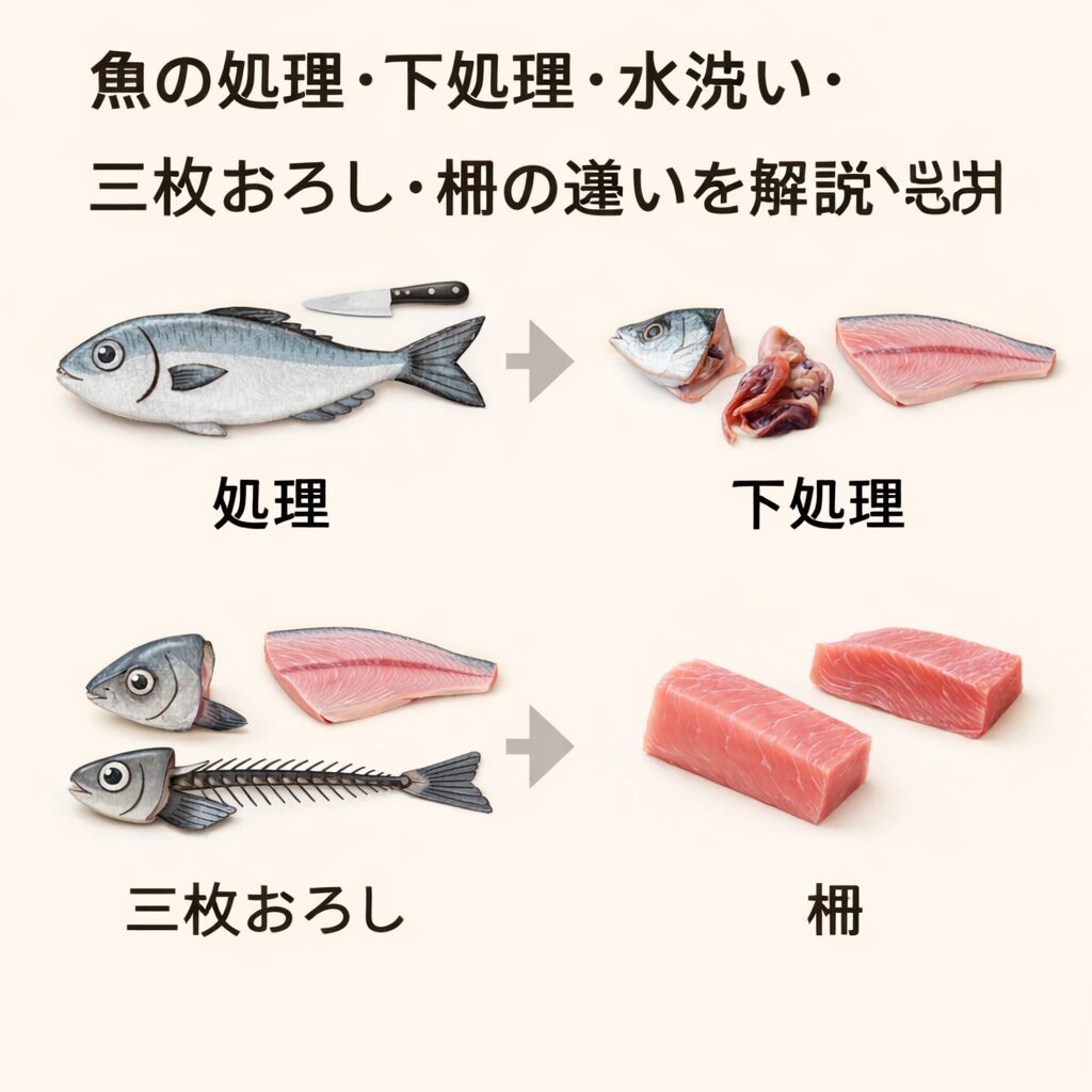 魚の工程は段階的に進みます。処理 → 下処理 → 水洗い → 三枚おろし → 柵。釣太郎