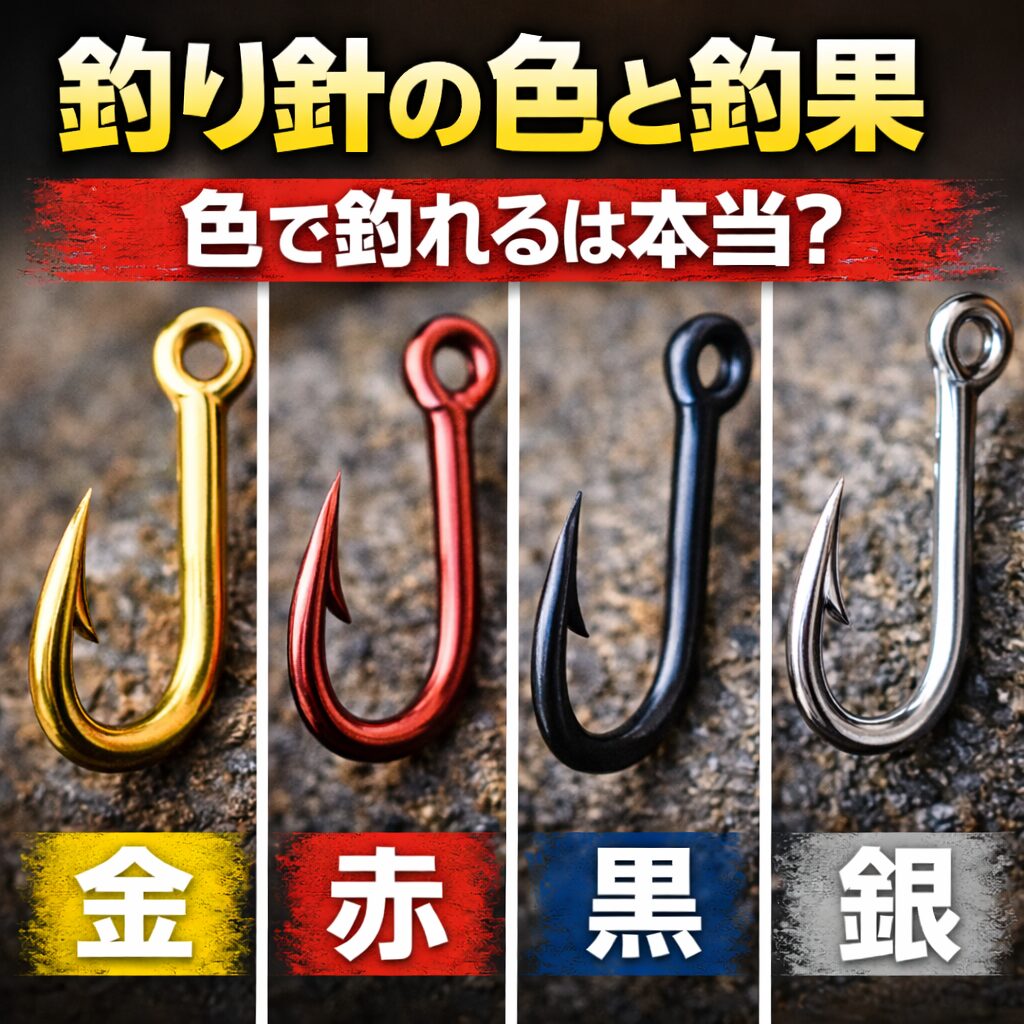 釣り針の色と釣果の関係。状況によって差が出る。光り方と違和感が重要。濁りは金・澄みは黒が基本。釣太郎