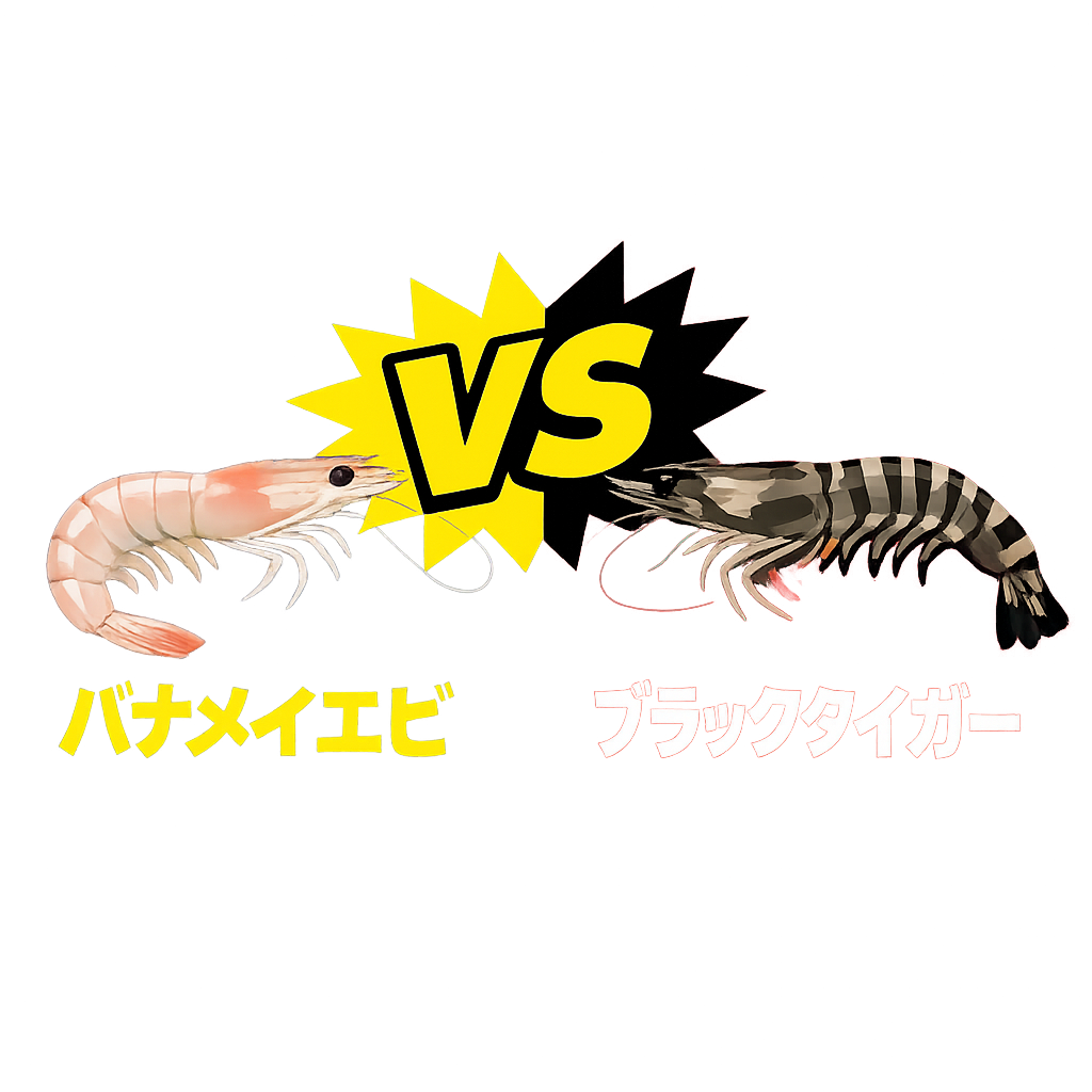 バナメイエビは、成長が早く病気に強いため、大量養殖が可能。そのため価格が安定しており、コストパフォーマンスに優れる。一方、ブラックタイガーは養殖が難しく、病気に弱いため、価格が高め。釣太郎