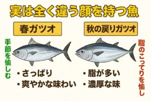 季節を愉しむサッパリ春ガツオ。脂のこってりを愉しむ秋の戻りガツオ。釣太郎